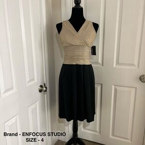 Enfocus Studio Gold Metallic Wrap Bodice with Black Midi Skirt Dress